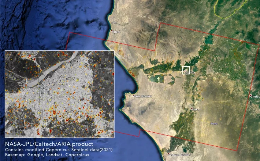 The Advanced Rapid Imaging and Analysis (ARIA) team at NASA JPL and Caltech, both in Pasadena, California, created this damage proxy map depicting areas that are likely damaged by the Mw 6.2 (July 30, 2021) earthquake near Sullana, Peru. The map was derived from SAR images acquired on Aug 02, 2021 by the Copernicus Sentinel-1 satellites operated by the European Space Agency (ESA). The pre-event images were taken before the earthquake on July 09 and 21, 2021. Credits: NASA/JPL/ESA. Copyright contains modifie