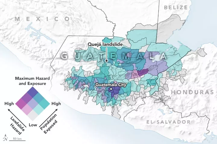 This map shows the predicted landslide hazard on November 5 for Guatemala, as determined by NASA’s Landslide Hazard Assessment for Situational Awareness (LHASA) model. Researchers overlaid the model with district-level population data so they could better assess the proximity between potential hazards and densely populated communities. Shades of purple represent the hazard associated with landslides, with the darkest shades having the highest risk. Shades of teal depict the size of the population exposed to