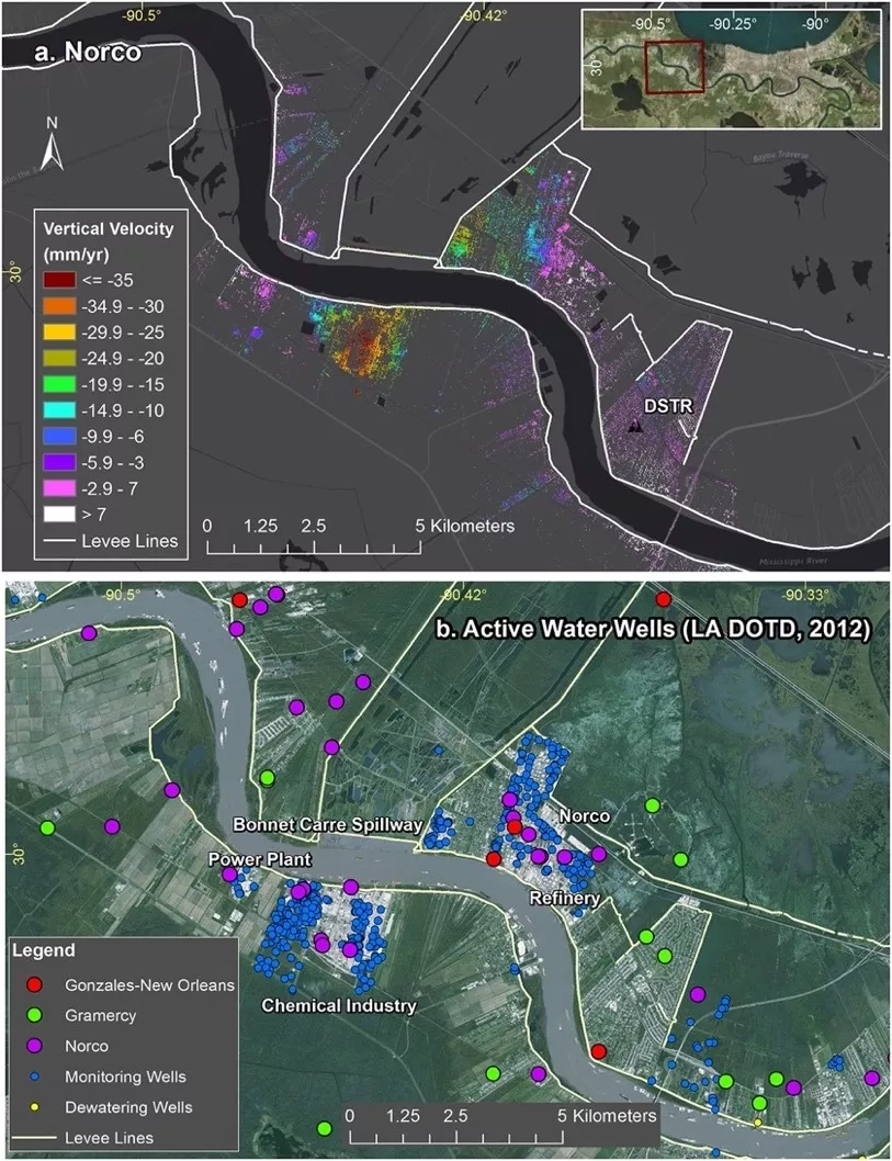 (Top) Vertical velocity rates from UAVSAR show areas of subsidence close to active industrial sites and the levee system in New Orleans, Louisiana. (Bottom) GIS datasets map active water wells in the area which may be pumping groundwater, an activity that can lead to land subsidence. Credits: Jones, Cathleen E., et al. "Anthropogenic and geologic influences on subsidence in the vicinity of New Orleans, Louisiana." Journal of Geophysical Research: Solid Earth 121.5 (2016): 3867-3887.