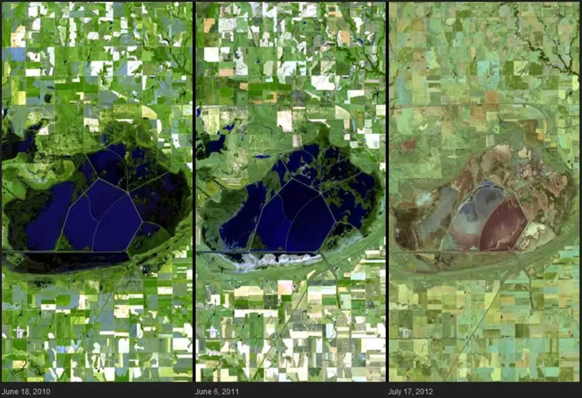 Cheyenne Bottoms was affected by the 2012 drought (right) as compared to 2010 and 2011 (left and center).