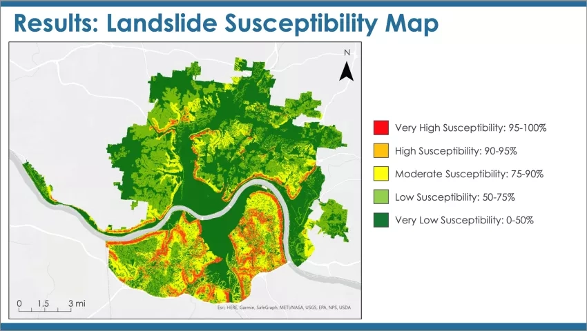 This image, taken from the “Cincinnati & Covington Urban Development II” project’s final presentation, shows which areas within the Ohio-Kentucky border are the most susceptible to landslides. The intern team combined several landslide factors, such as elevation, slope, and lithology, to determine which areas were the most likely to experience landslides. Credits: NASA DEVELOP