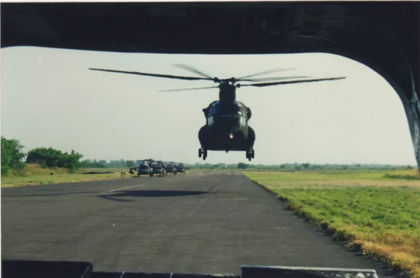 Lori Schultz took this image of a helicopter when she was deployed for Hurricane Mitch. While taking the image, Schultz was seated in the back of the helicopter looking at the one behind that took off at the same time. Credits: Lori Schultz