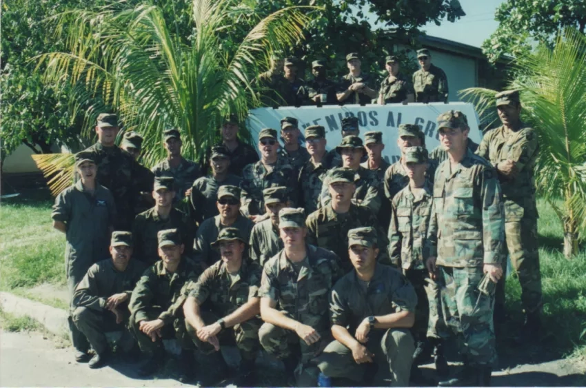 Schultz (far left) and her flight platoon while deployed for Hurricane Mitch. Credits: Lori Schultz