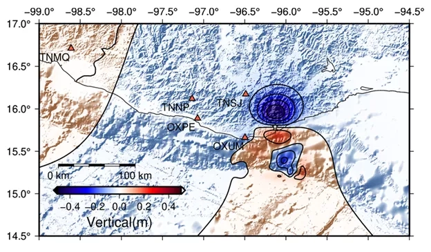 The team generated the above model which depicts the expected vertical deformation of the terrain as a result of the earthquake—with areas of uplift shown in red, and areas of subsidence shown in blue. Credits: NASA, Diego Melgar
