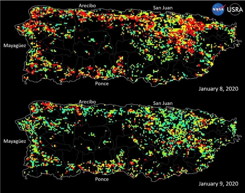 This series of images depicts preliminary assessments of outdoor illumination conditions before and after the Jan. 7 earthquake. Red areas saw the highest reduction in outdoor illumination, while teal areas saw the least reduction. Credits: NASA, Universities Space Research Association