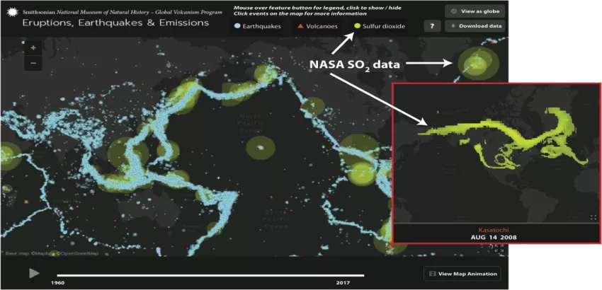 The Smithsonian Eruptions, Earthquakes, and Emissions (E3) web application provides a multidisciplinary interactive platform to access and visualize NASA data (green circles) together with the USGS’s earthquakes data (blue dots), and GVP’s volcanic eruptions data. Credits: NASA/Nickolay Krotkov