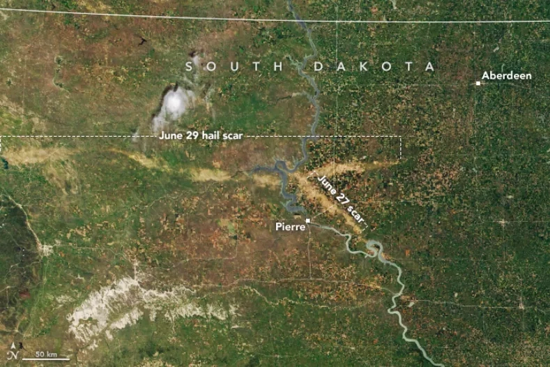 Satellite image of a hail scar across South Dakota in 2018.