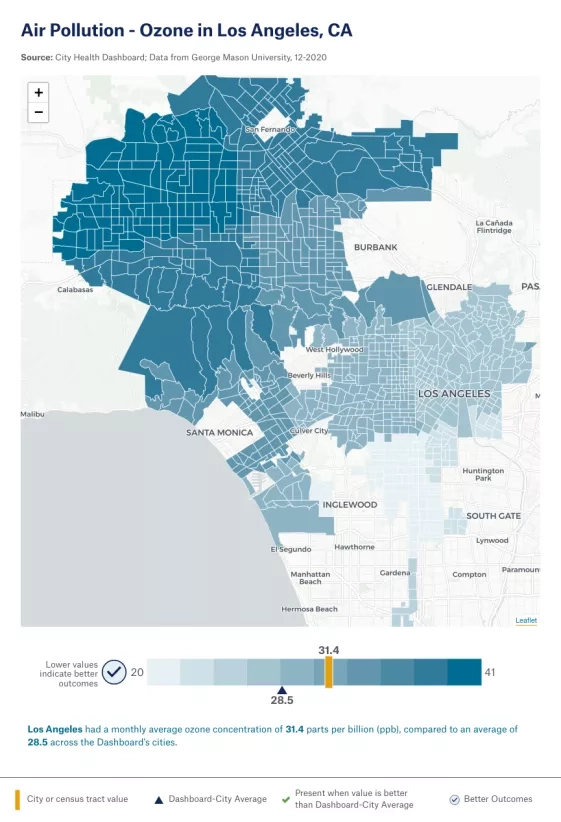 map of Los Angeles with blue shading to show ozone concentrations