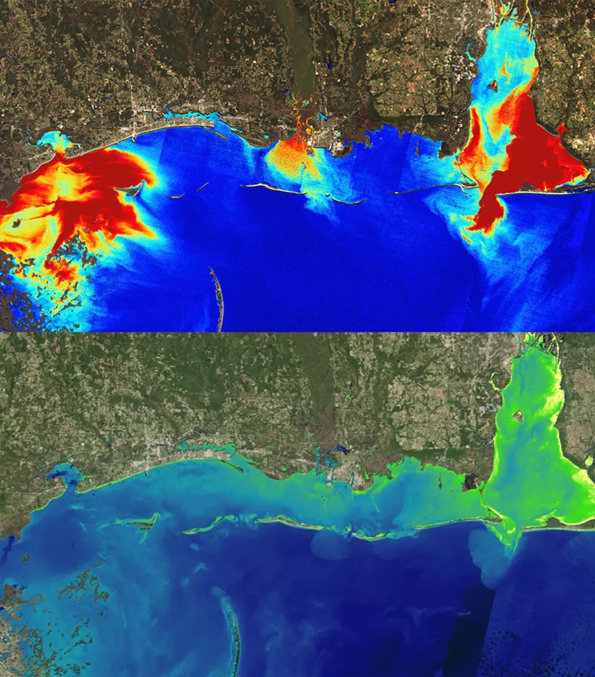 Two Landsat 8 images from March 2016 showing an influx of suspended material (turbidity) after heavy rains.