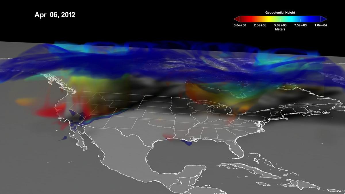 NASA visualization showing ozone-rich stratospheric air descending and folding into air near the ground