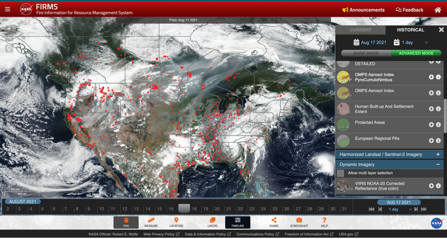 screenshot of a website showing NASA satellite data and cloud images