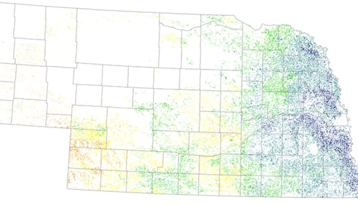 map of Nebraska showing non-irrigated corn yield in 2015