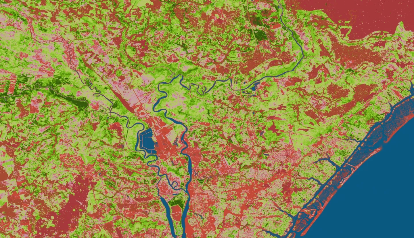 Satellite image showing Venus flytrap habitat in coastal North Carolina. NDVI, derived from Landsat 8 OLI/TIRS sensors from April – July 2021, measures health and density of vegetation. Orange and red represent low and high burn severity, respectively, whereas pink and green represent low and high NDVI. The DEVELOP team used NDVI and fire severity data as input for Venus flytrap habitat suitability models, which botanists can use to support the conservation of Venus flytrap.