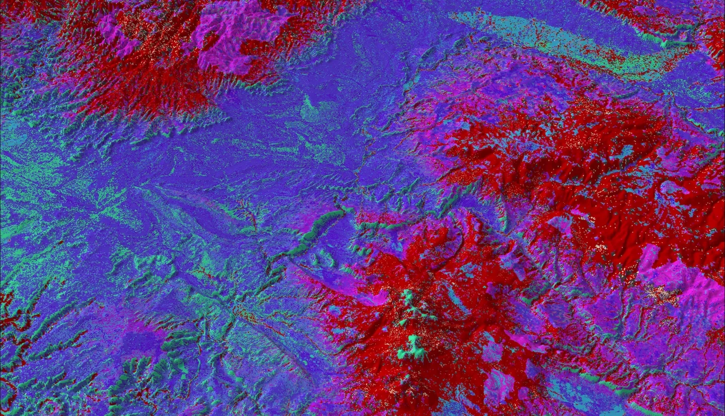 Vegetation productivity decline calculated from the yearly maximum NDVI for 1986–2021, derived from Landsat 5/7/8 data and overlaid on a 2021 Landcover Change Monitoring System composite, constructed from Landsat 8 OLI. Blue, purple, and pink represent grasses &amp; forbs, shrubs, and trees, respectively. Red over pink likely indicates beetle and drought disturbance. Data can be used to inform management and prepare public land for ecological change in the Grand Valley region of Colorado.