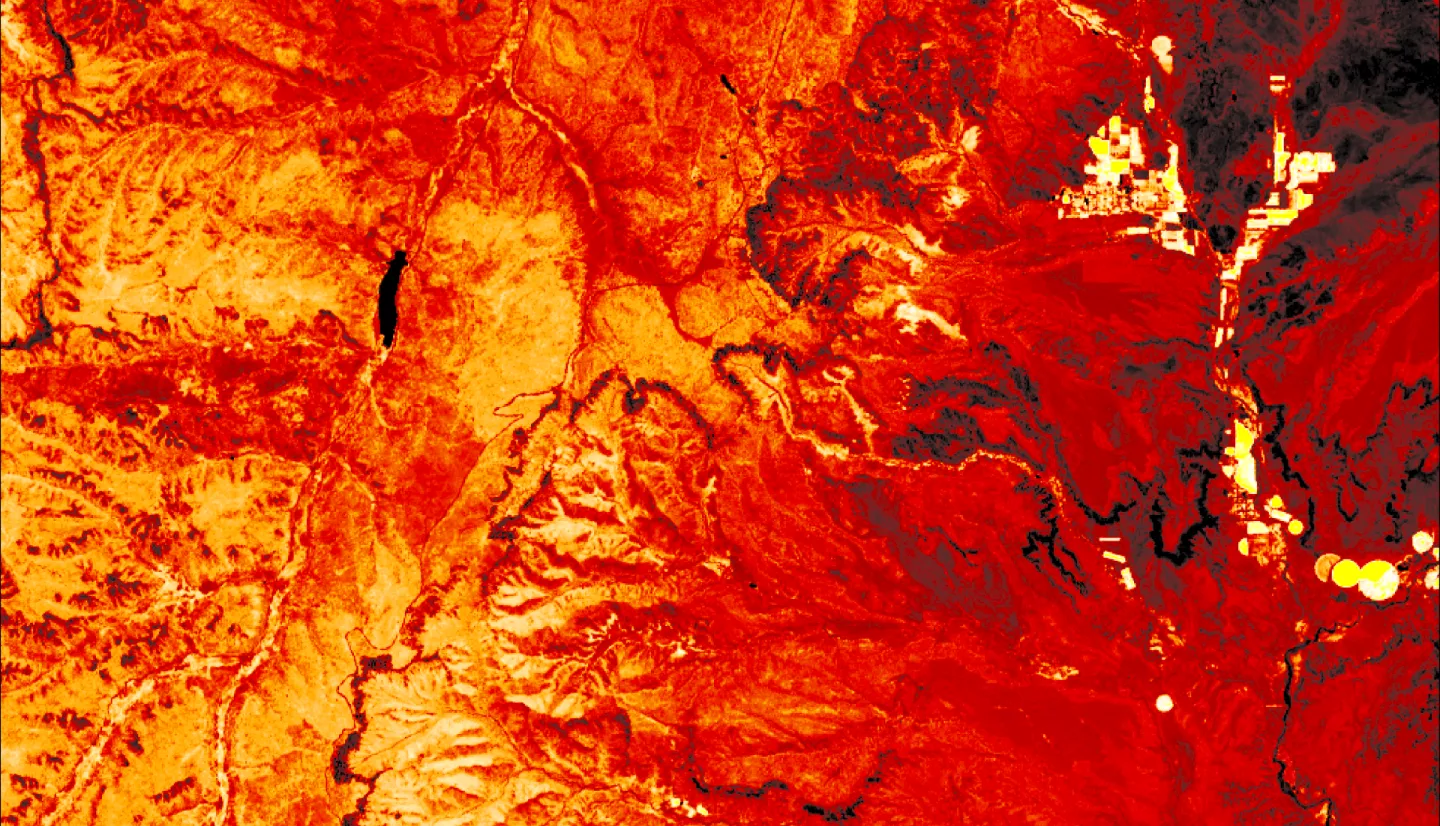 NDVI-processed imagery taken by Landsat 9 OLI-2 in May 2022 of Bryce Canyon National Park and nearby urban area. Healthy vegetation are visualized as bright yellow, while stressed plants, bare earth, and urban areas approach dark red. The continuity of the Landsat program described vegetation response to pervasive drought conditions in Bryce Canyon which the National Park Service can use to when making conservation decisions.