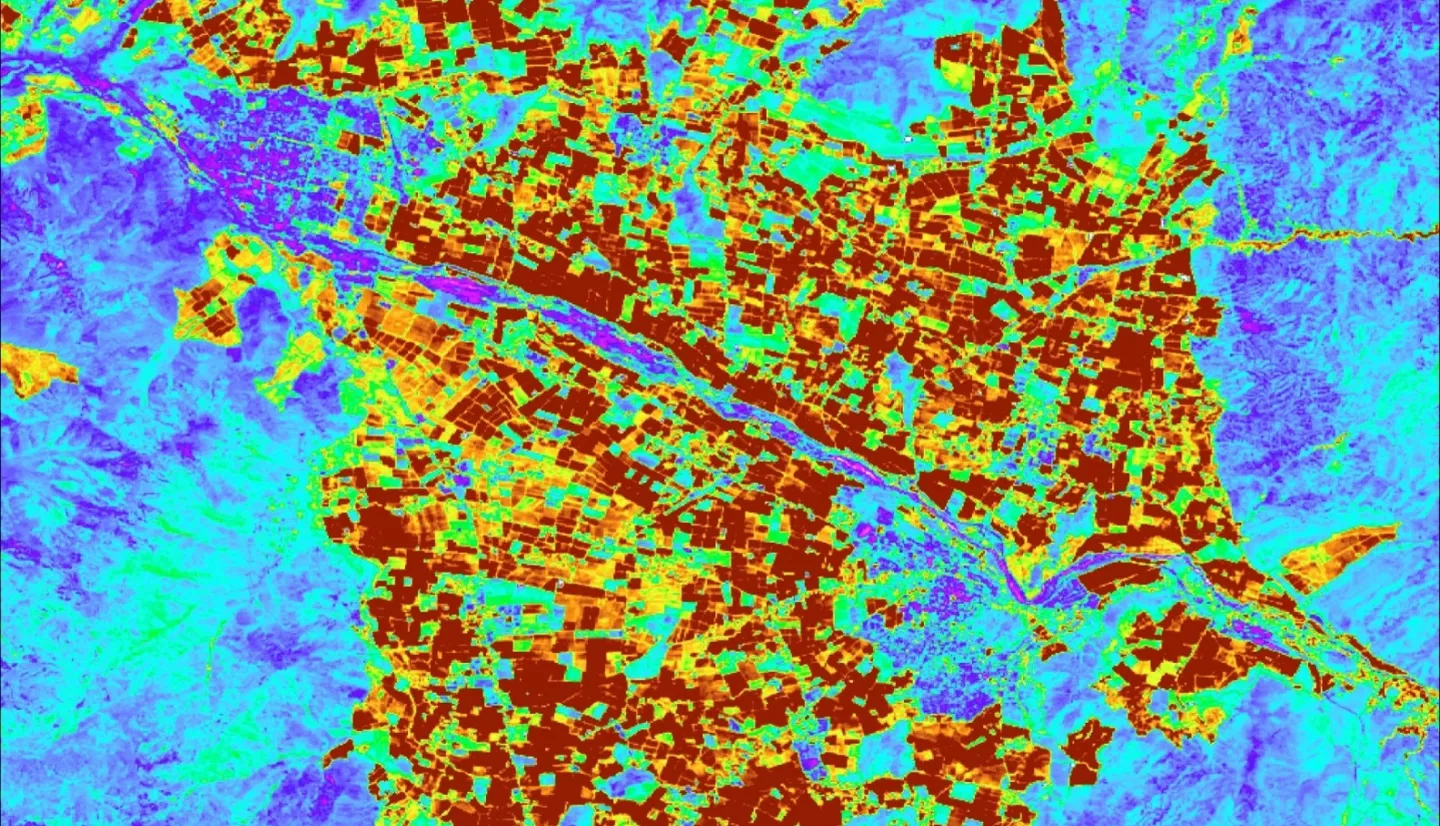 Processed bands displaying NDVI from 30m Landsat 8 OLI data. The average 2022-2023 growing-season NDVI displayed is representing a heavy agriculture region within the Aconcagua River Basin in Central Chile. Blue to green colors represent areas of bare ground or water while yellow to dark red colors display densely vegetated regions. NDVI when compared to hydrology parameters can indicate heavily irrigated farmlands.  