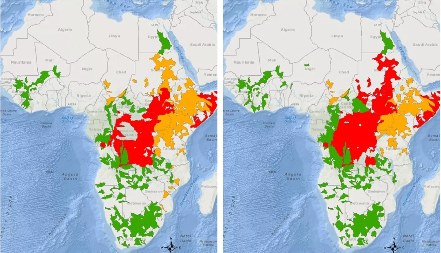 These maps from Glasscoe’s project indicate flood advisory warnings from May 5 and 6, 2020. Red represents flood warnings, orange shows flood watches, and green shows flood advisories that depict an increasing flooding likelihood across the Congo and Sudan. Credits: NASA / Margaret T. Glasscoe (JPL)