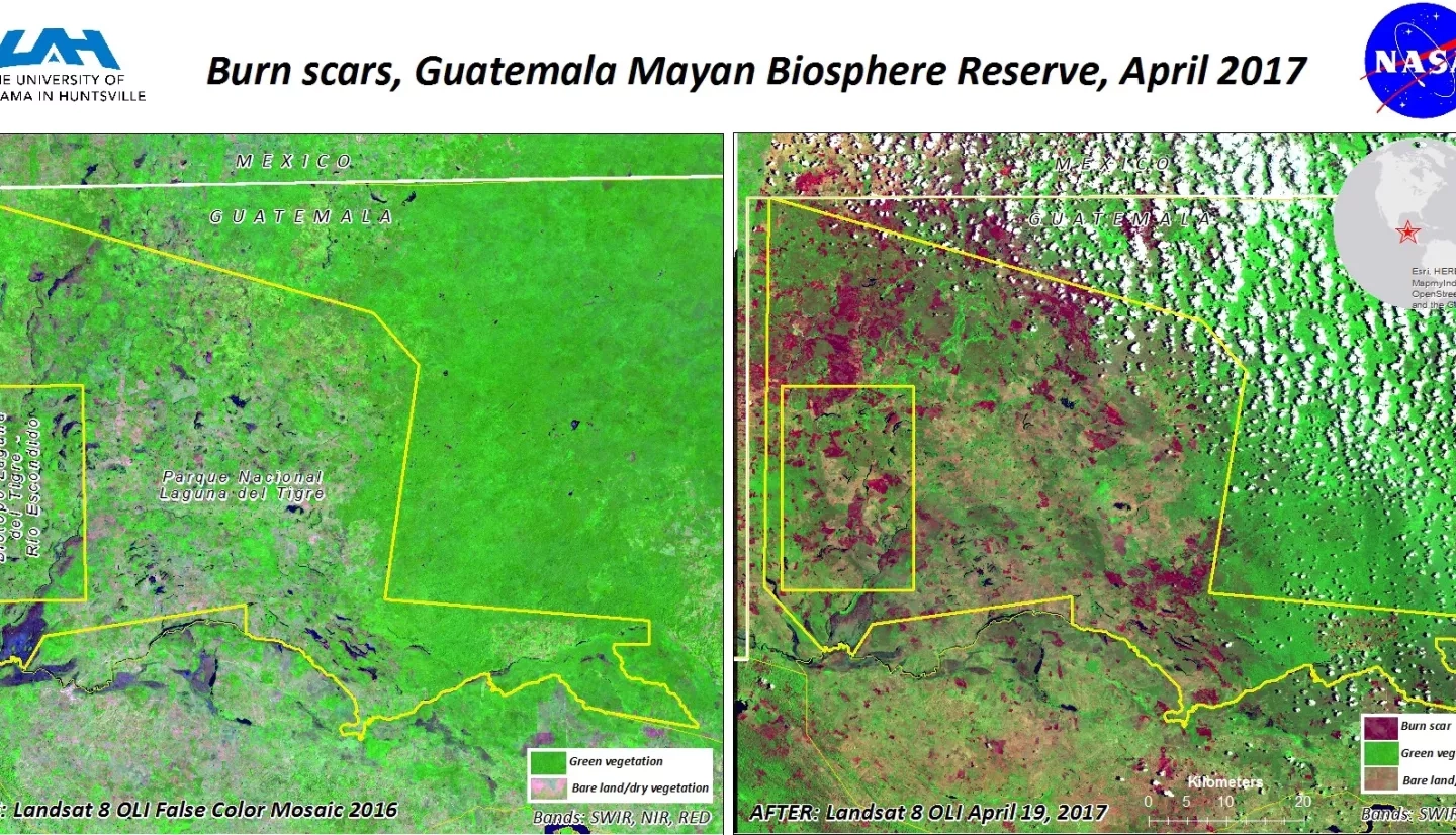 Comparison of 2016 Landsat 8 mosaic image with recent Landsat image showing burn scars.