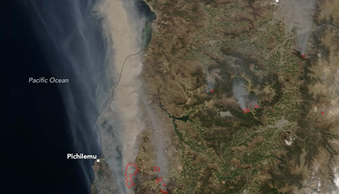 On January 20, 2017, the Moderate Resolution Imaging Spectroradiometer (MODIS) on NASA’s Terra satellite acquired an image of brown smoke billowing from a cluster of fires near the coastal city of Pichilemu.