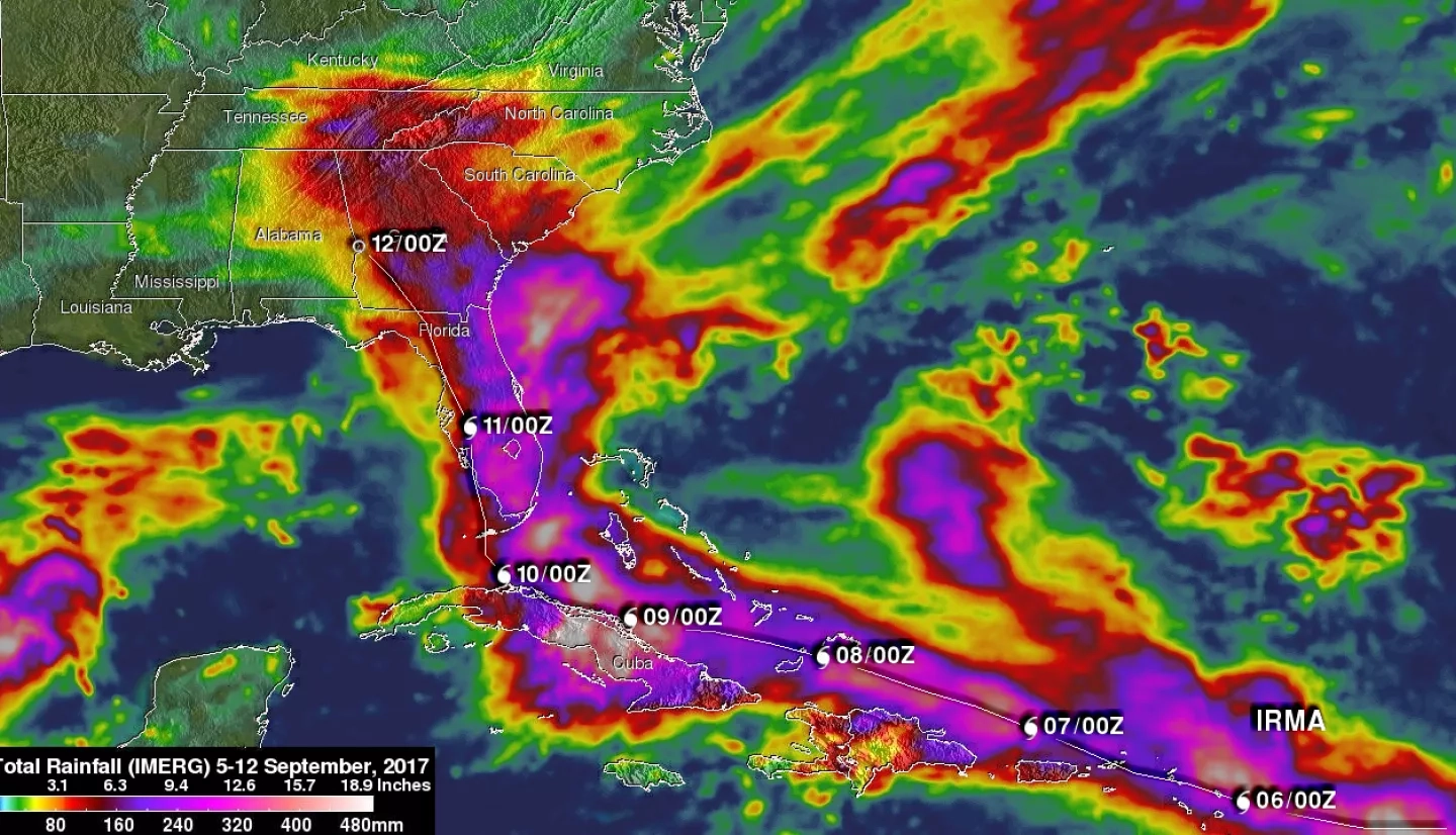GPM IMERG precipitation totals from hurricane Irma 9/5/17 - 9/12/17