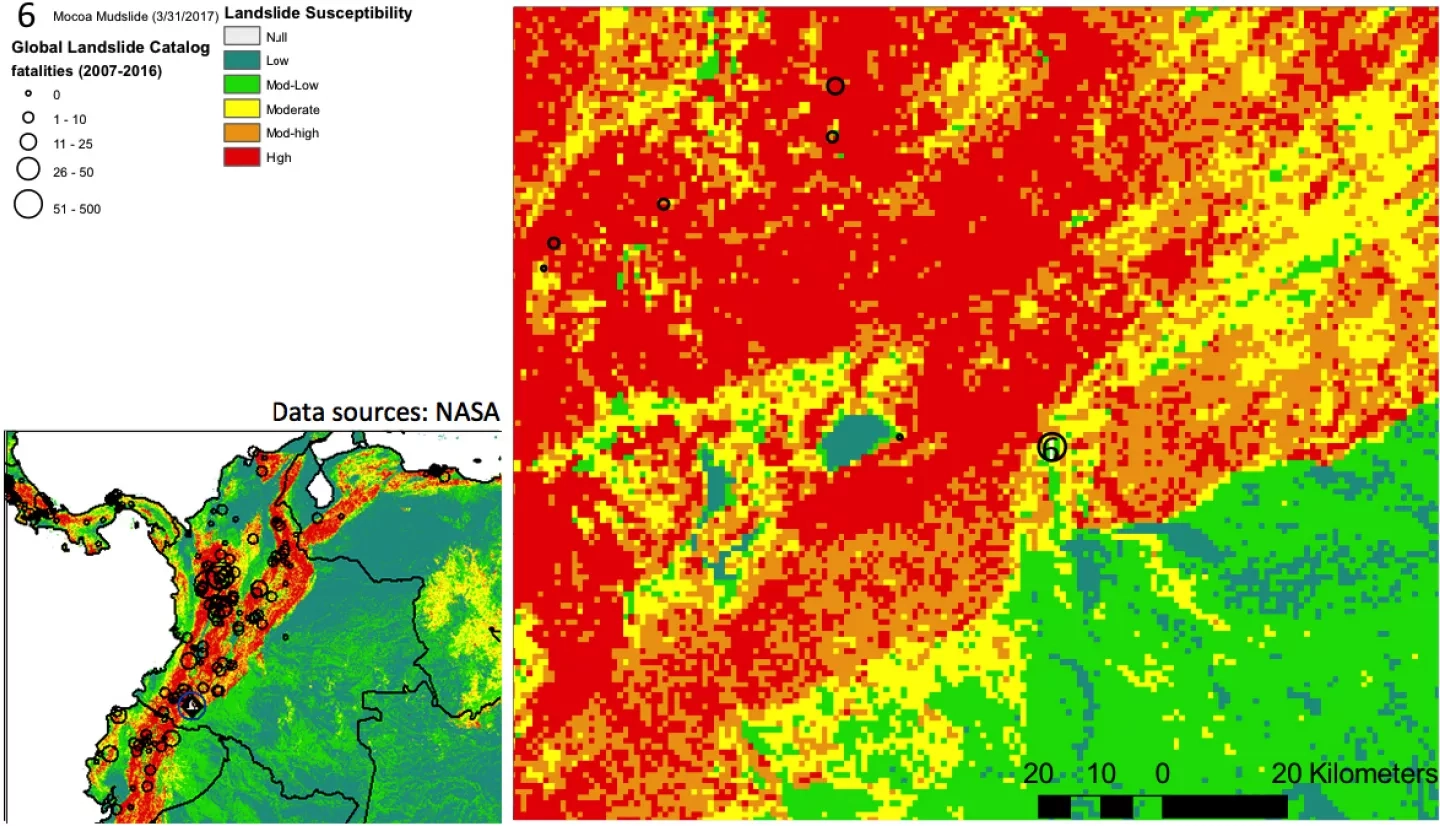 Landslide susceptibility and fatalities map from the NASA Global Landslide Catalog.