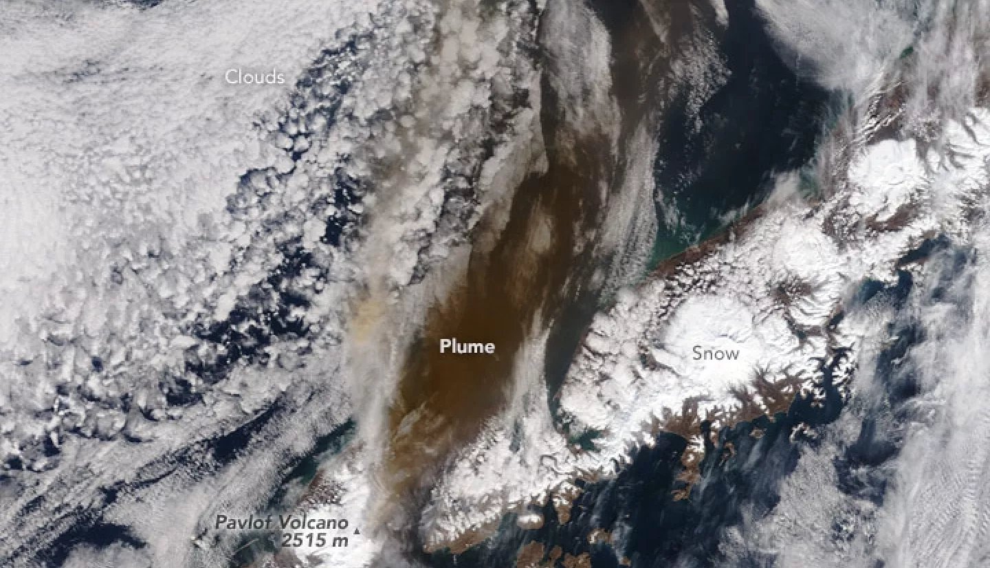 The Moderate Resolution Imaging Spectroradiometer (MODIS) instruments on NASA’s Terra and Aqua satellites acquired this image of the ash plume at 11:45 a.m. Alaska time (21:45 Universal Time) on March 28, 2016.