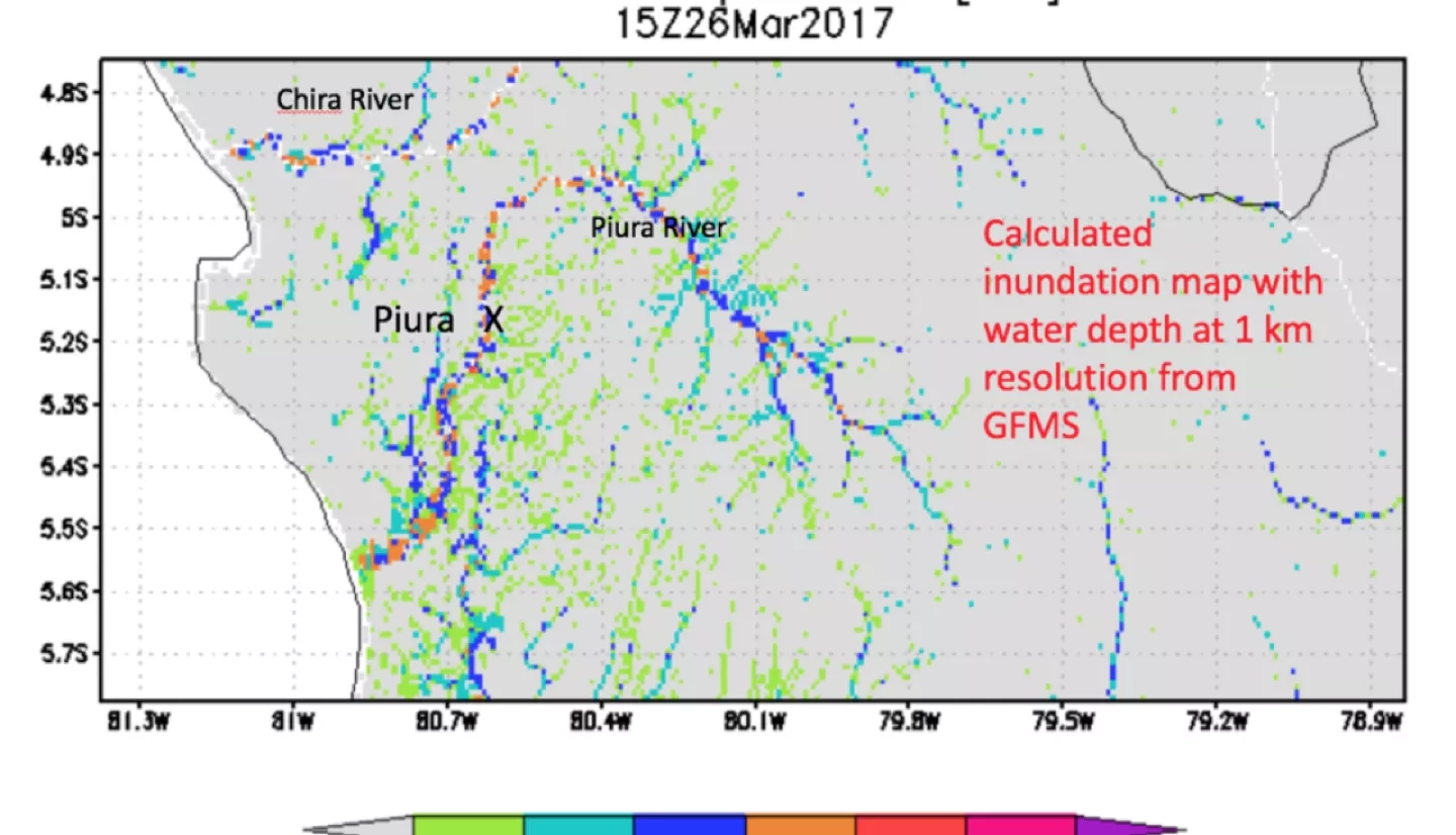 An inundation map of Piura province produced using the Global Flood Monitoring System (GFMS) on 3/26/17. 