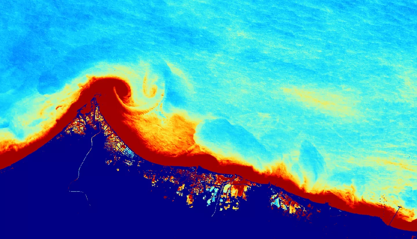 Coastal turbidity map of Central Java, Indonesia, using Landsat 8 OLI data from June 25th, 2019. The atmospheric correction and Dogliotti turbidity algorithm were processed in ACOLITE and data visualization was completed in SeaDAS. Darker red areas indicate higher turbidity and lighter blue areas represent lower turbidity.  As a trend, turbidity increases close to the shore and near the mouth of notable rivers.  Keywords: Turbidity, Inundation, Indonesia