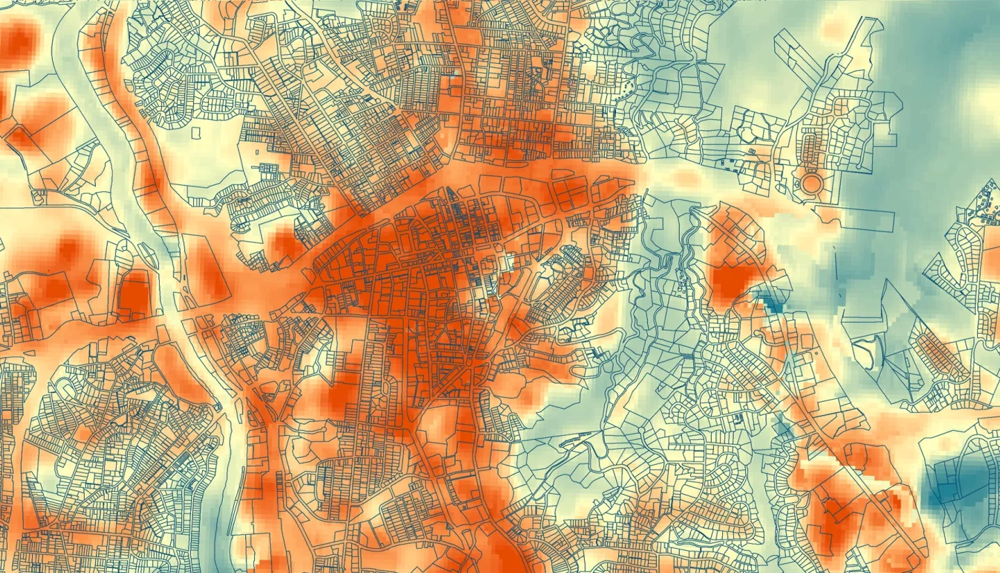 2018 summer median Land Surface Temperature (LST) derived from Landsat 8 Raw Scenes using Google Earth Engine. A section of Asheville is displayed. Red indicates areas with higher LST, and blue represents lower LST. Visualizing which communities are most vulnerable to urban heat allows the Asheville Urban Forestry Commission to make decisions about tree planting and preservation. Displayed over the LST are US census parcels outlines, available from http://us-city.census.okfn.org/dataset/parcels.  Keywords: urban heat, land surface temperature, landsat, census data
