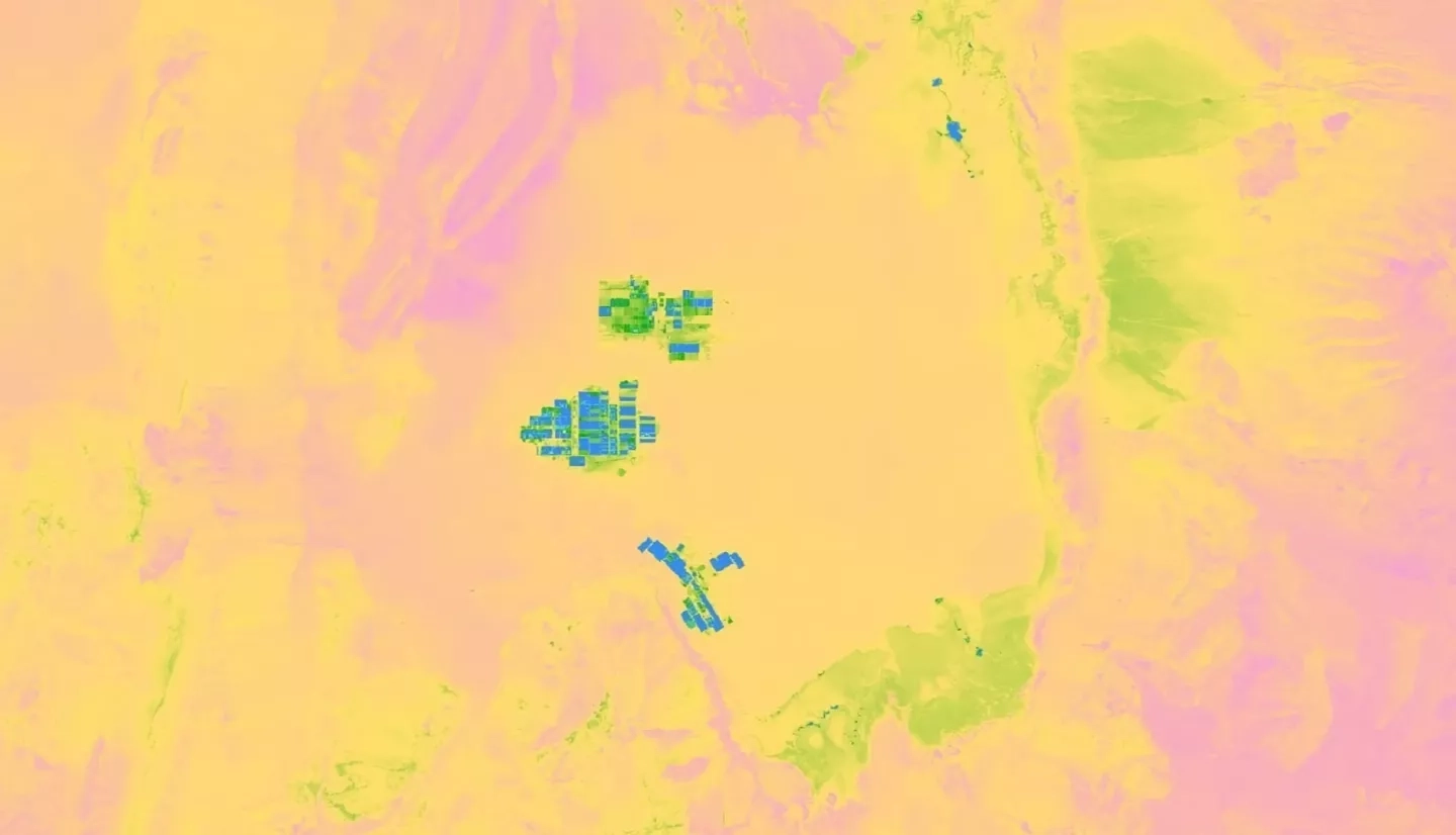 Normalized Difference Water Index (NDWI) derived from a Landsat 8 OLI composite image, using data from September to November 2018. Water is shown in blue, and the driest regions are in pink. This image displays the man-made mining pools in northern Chile’s Atacama Desert. Looking at how NDWI has changed over time will increase understanding of mining impacts and assist in water resource management.