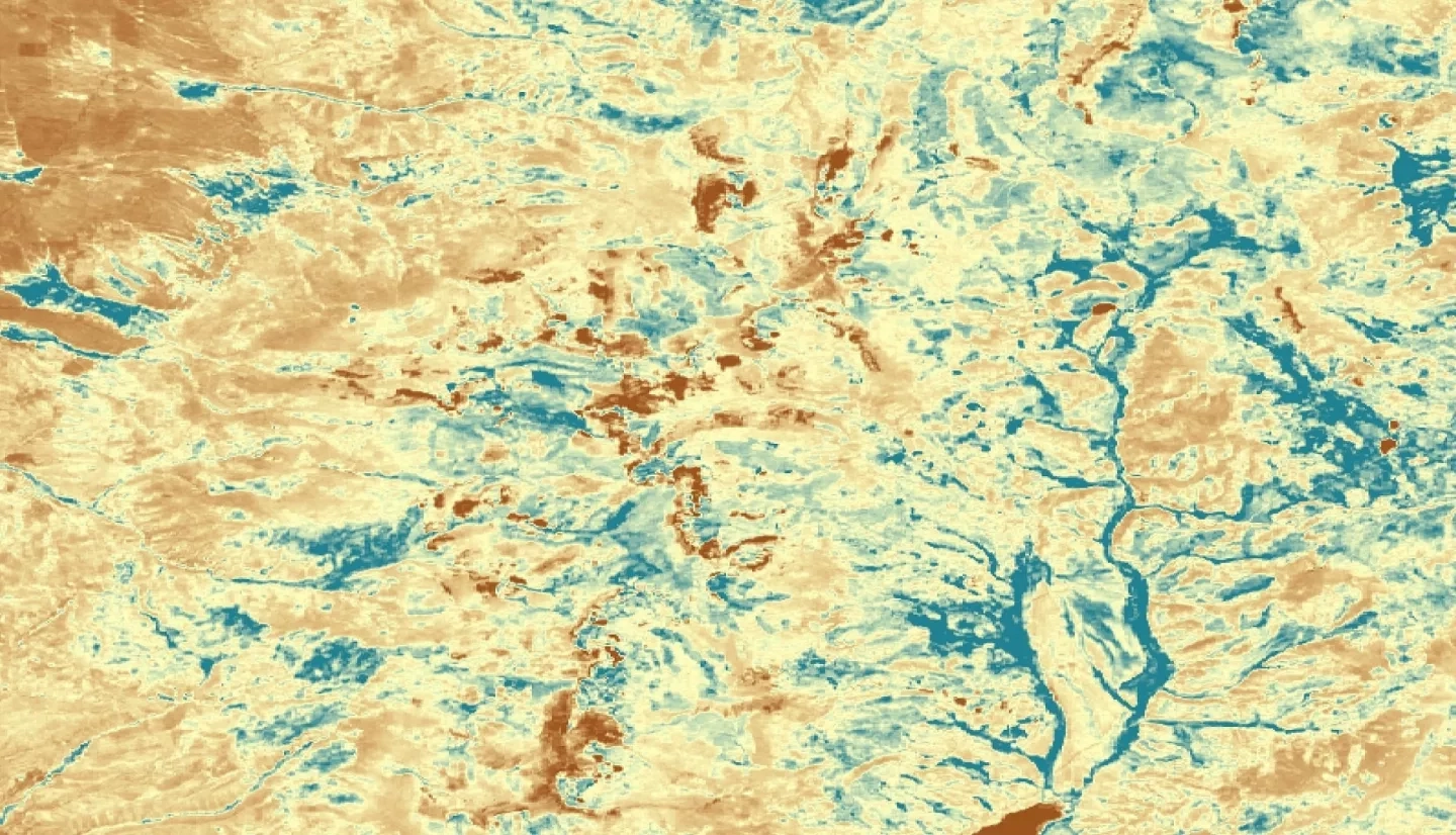 Tasseled-cap processed Landsat 8 OLI image from August 26th, 2019. “Greenness” is displayed on a color ramp where red represents low greenness and blue represents high greenness. Costilla Creek, which feeds into Costilla reservoir at the bottom of the image, stands out in blue in the. These blue areas are likely wetland locations, as wetlands typically retain green vegetation into late summer.  Keywords: Wetlands Mapping, Cutthroat Trout, Abby Eurich, Byron Schuldt, Kathryn Tafoya, Toryn Walton