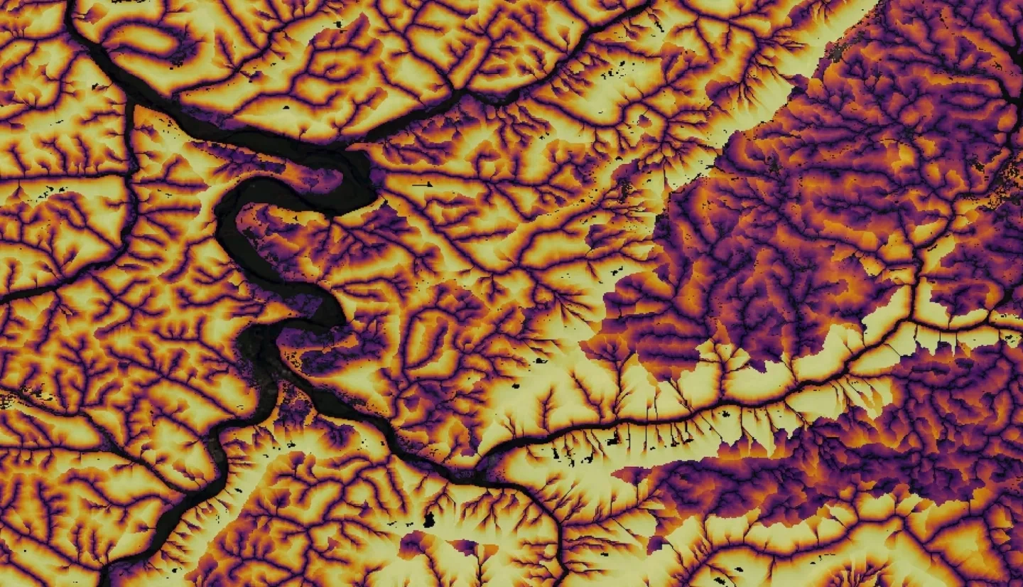 NDWI (2013-2020) and supervised land cover classification (2020) from Landsat 8 OLI imagery, SRTM elevation, global HAND data, and FEMA 100 and 500 year floodplains combined into a flood risk map near the headwaters of the Cheat River in Parson’s West Virginia. High-risk flood areas are represented in dark purple, while low-risk areas are light yellow. High-risk areas indicate where local organizations can prioritize flood mitigation and response efforts.  Keywords: Landsat 8 OLI, Flood Risk, SRTM, NLCD, Supervised Classification, FEMA, Flood Extent