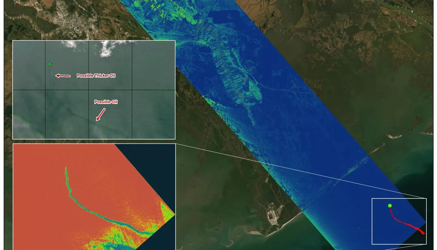A map image visualizing data gathered on a radar instrument flown by the Delta-X mission showing an oil slick off the coast of Port Fourchon, Louisiana, on Sept. 1, 2021.