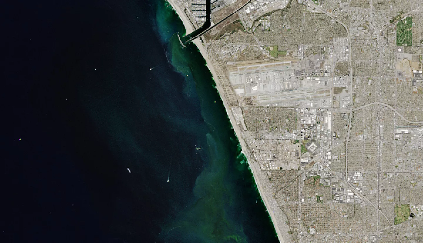 satellite image of Los Angeles coastline showing streaks of green algae in dark blue ocean water