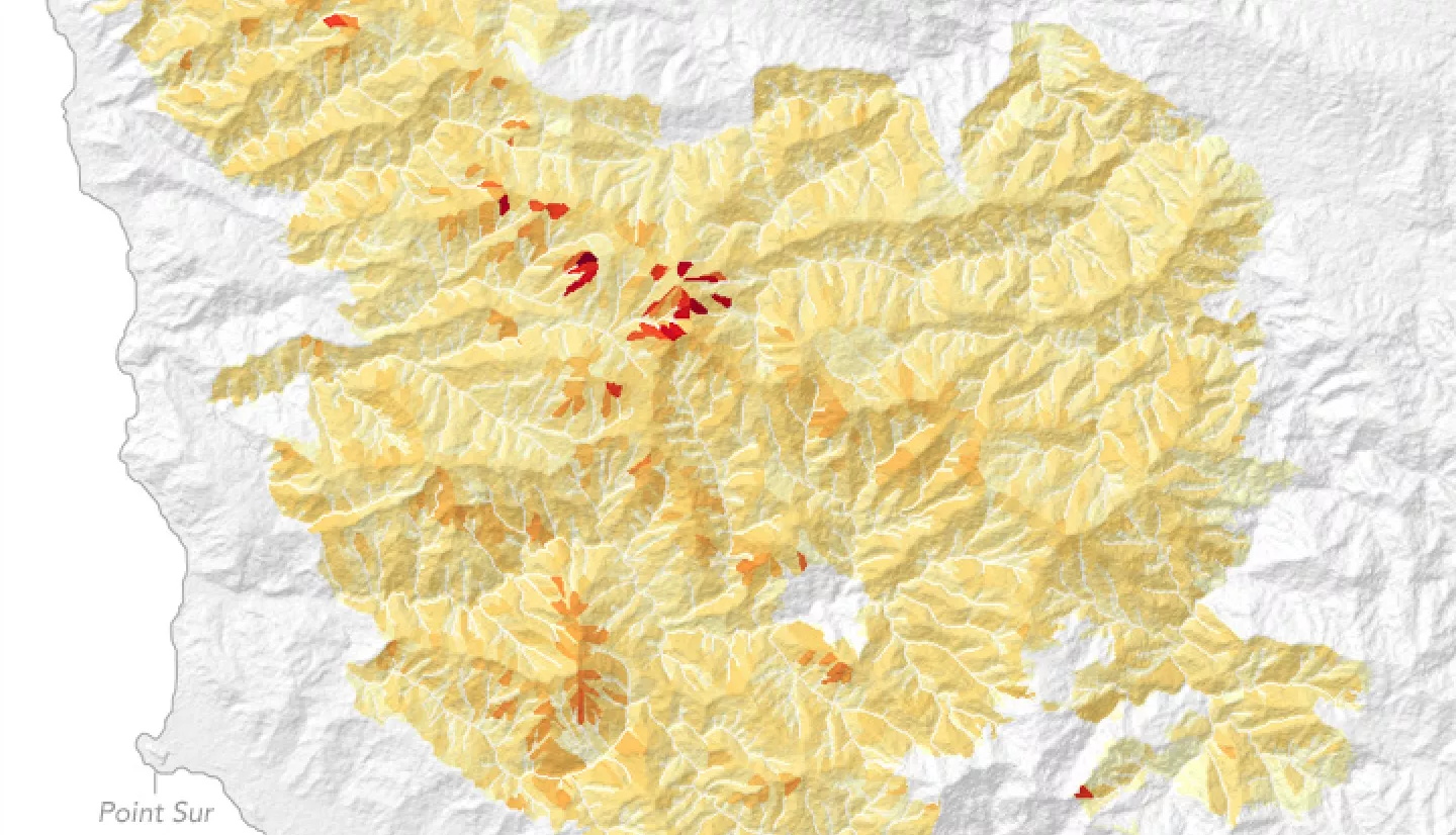 topographical map showing erosion rates in Monterey County, California using a yellow to red color scale to indicate severity