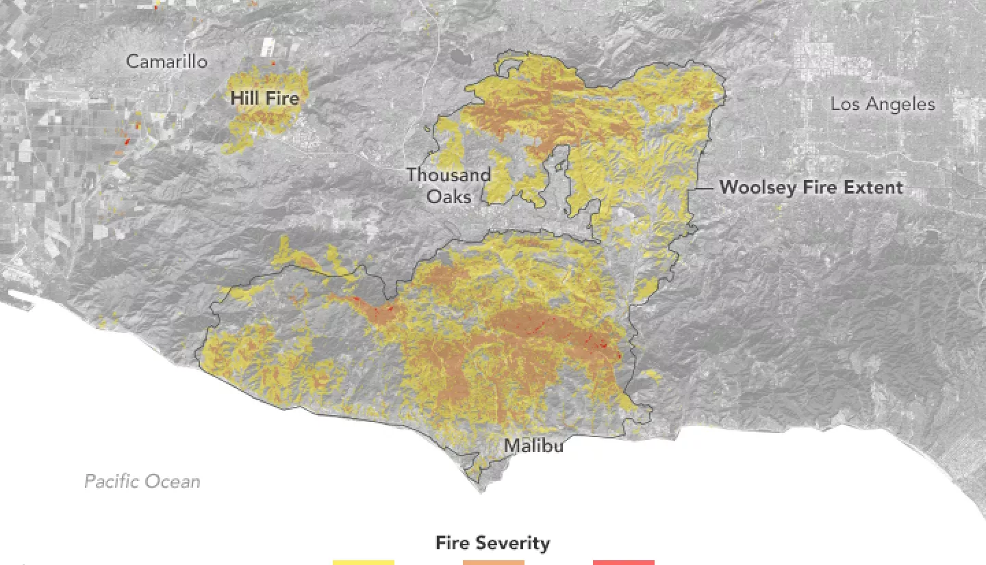 map of southern California with shades of yellow, orange, and red indicating severity of burn