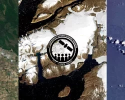 Pecora Webinar Header. A large black ARSET logo is set over three satellite images of an icy landscape, island chain, and green gridded landscape.
