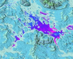 Turbidity calculated from a 5/11/2022 Landsat 8 OLI scene. The dark blue, purple, and pink pixels indicate low to high levels of turbidity respectively in Lake Winnipesaukee, New Hampshire and surrounding water bodies. This is layered over an SRTM DEM dataset, acquired 2/11/2000 and published 9/23/2014, showing varying elevations. More turbid waters are less suitable for loon habitats and are thus of interest to monitor loon preservation.