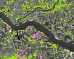 The green areas show stable forest in NW Alabama classified by both National Land Cover Dataset (2016-2019) and Landscape Change Monitoring System(2016-2021), and the pink areas are areas where forest cover loss was sensed by NLCD, LCMS, LandTrendr (2016-2021), and Global Forest Watch (2016-2021). These datasets and the basemap were made with Landsat 5 Thematic Mapper, Landsat 7 Enhanced Thematic Mapper Plus, and Landsat 8 Operational Land Imager.