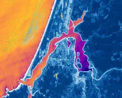 ACOLITE and NDVI processed imagery from Landsat 9 OLI-2 data. This composite image of the Coos Estuary and surrounding area was taken in September of 2022 after a period of increased precipitation. Shades of blue indicate vegetated land surface. The darker purple indicates higher turbidity while the lighter orange indicates lower turbidity. 
