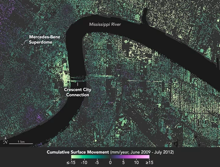 map of New Orleans showing satellite data of how the land is sinking