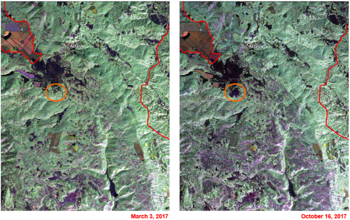 image of a close-up view of Atlas fire before (2017.3.3) and after the fire (2017.10.16) – after image shows fire scars (purple) throughout the area south of Atlas.