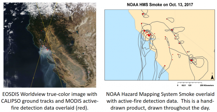 Image of EOSDIS Worldview true-folor and NOAA Hazard Mapping System Smoke overlaid with active-fire detection data.