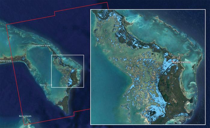  NASA's ARIA team used satellite data acquired on Sept. 2, 2019, to map flooding in the Bahamas in the wake of Hurricane Dorian. Credits: NASA/JPL-Caltech, ESA