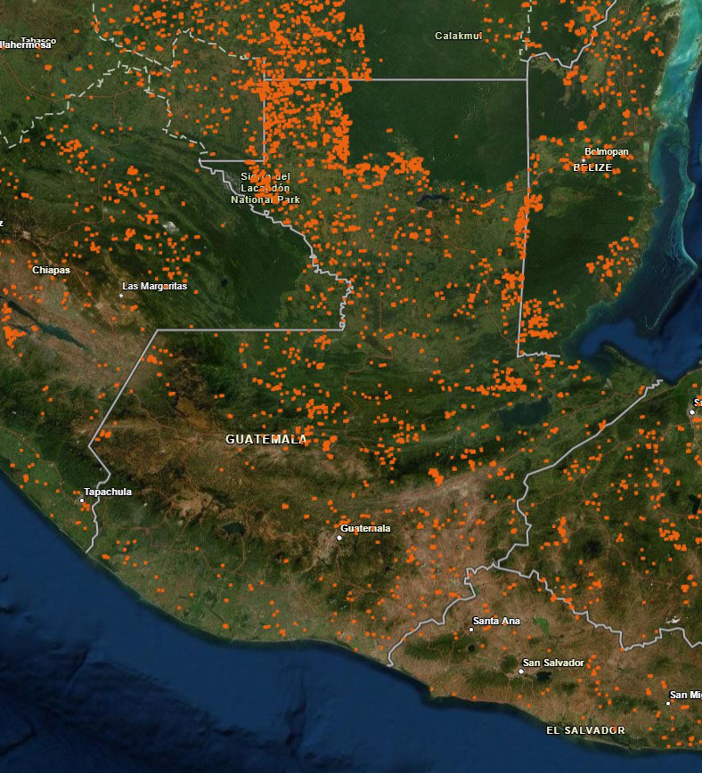 : NASA Fire Information for Resource Management System (FIRMS) map showing fires detected in Guatemala by the Aqua MODIS instrument for the month of April 202