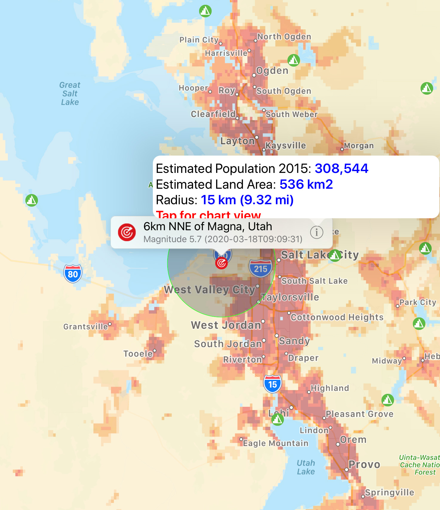 Estimated population in the region (data from 2015) within a radius of a) 15 kilometers and b) 30 kilometers of the March 18th, 2020 earthquake centered near Magna, Utah. 