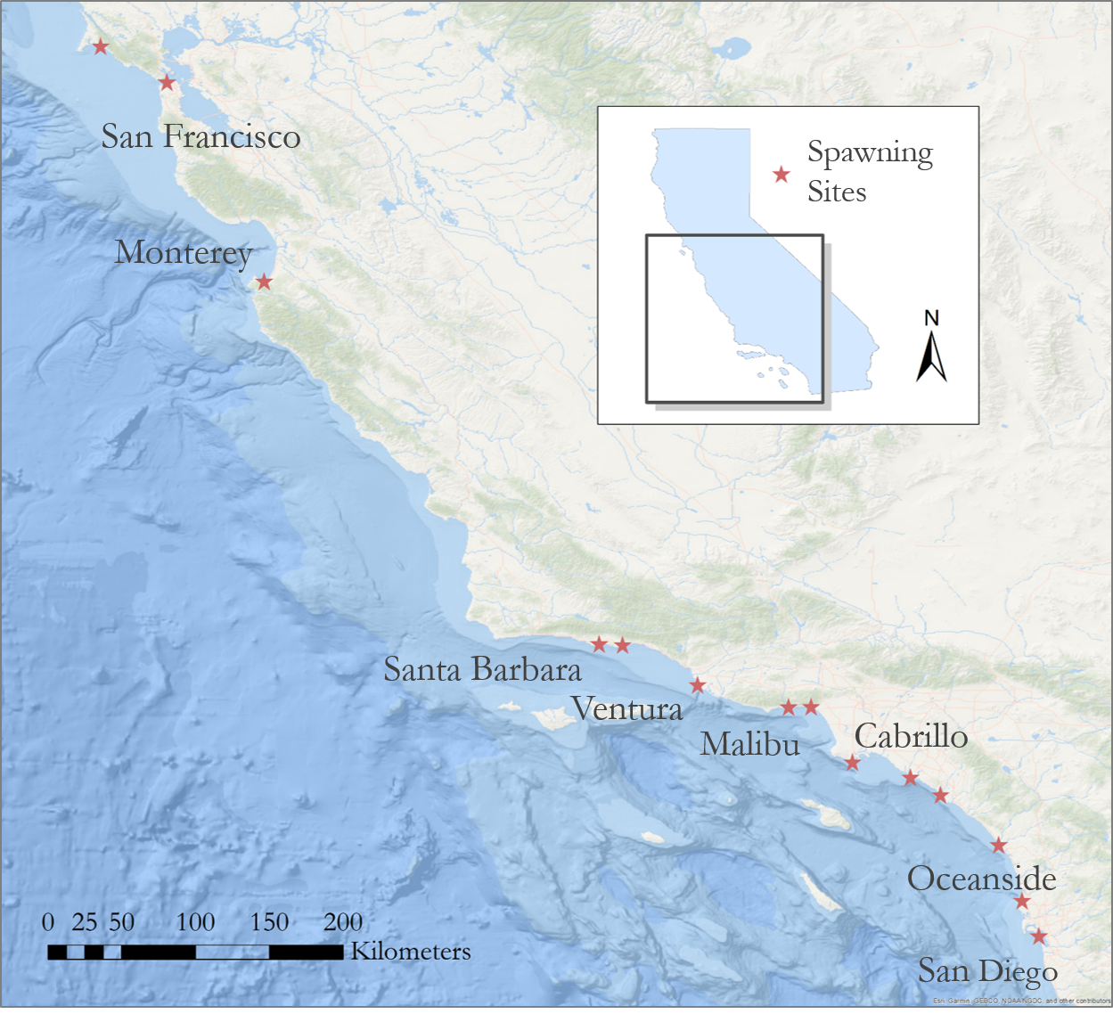 Spawning sites Map of grunion