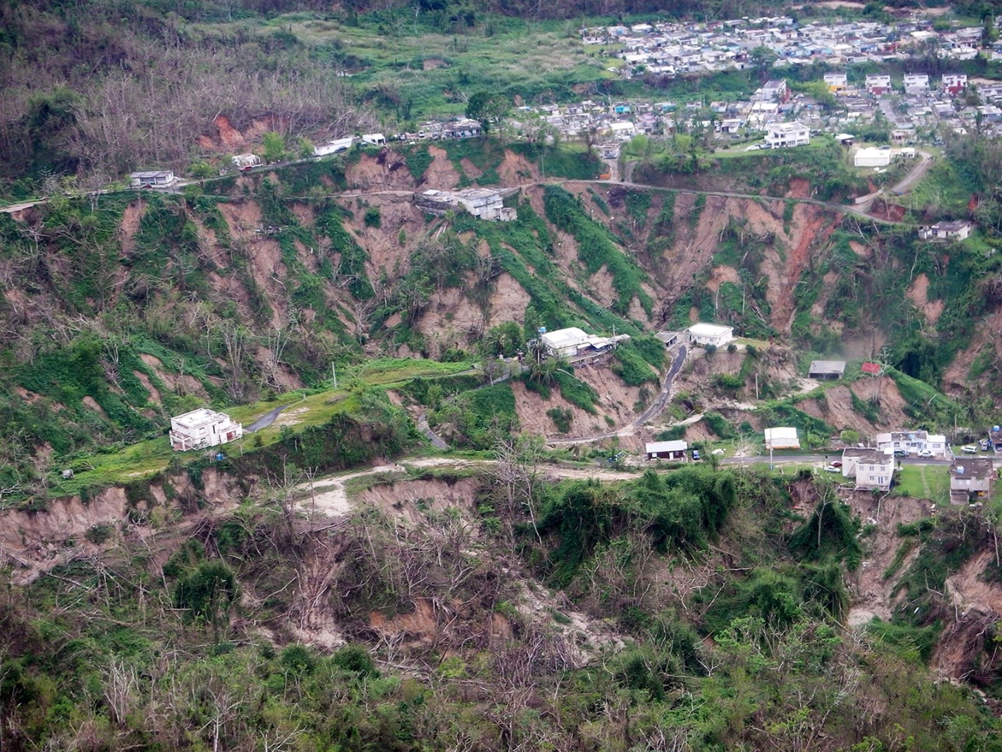 An aerial view of landslide damage after 2017’s Hurricane Maria in Utuado municipality, Puerto Rico