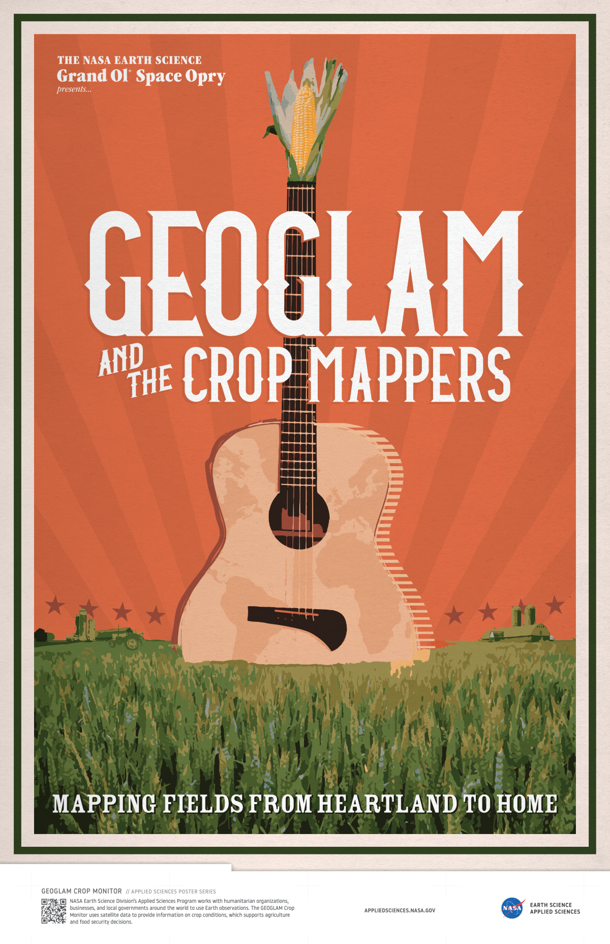 Illustrated guitar in the middle of a grain field. On top are the words GeoGlam and the Crop Mappers, Mapping fields from heartland to home.