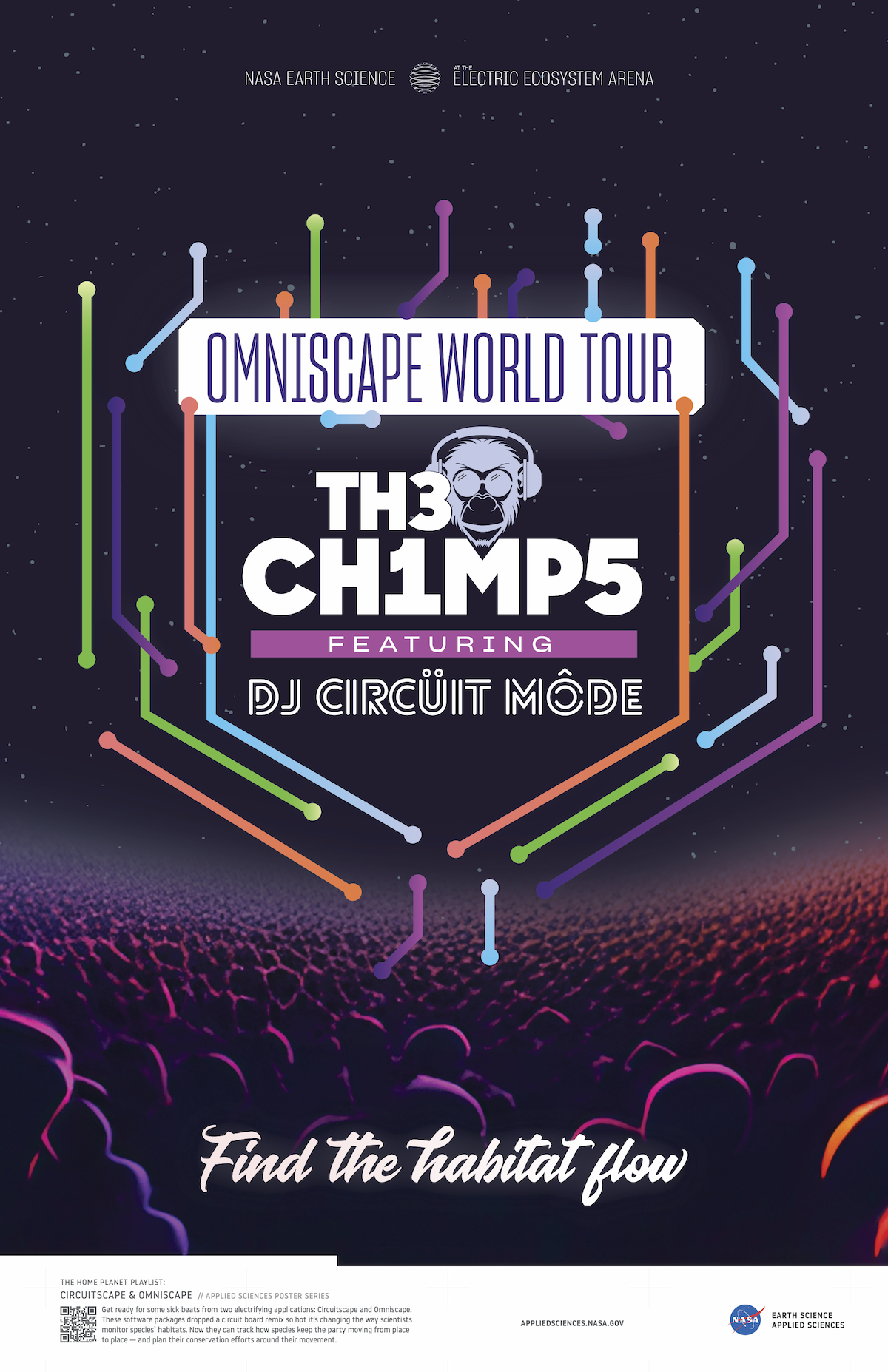Concert poster with a starry sky and glowing crowd in the background. Centered are colorful lines that look like circuits and text styled to look like techno. Reads: Omniscape world tour, The Chimps featuring DJ Circuit Mode. Find the Habitat Flow.
